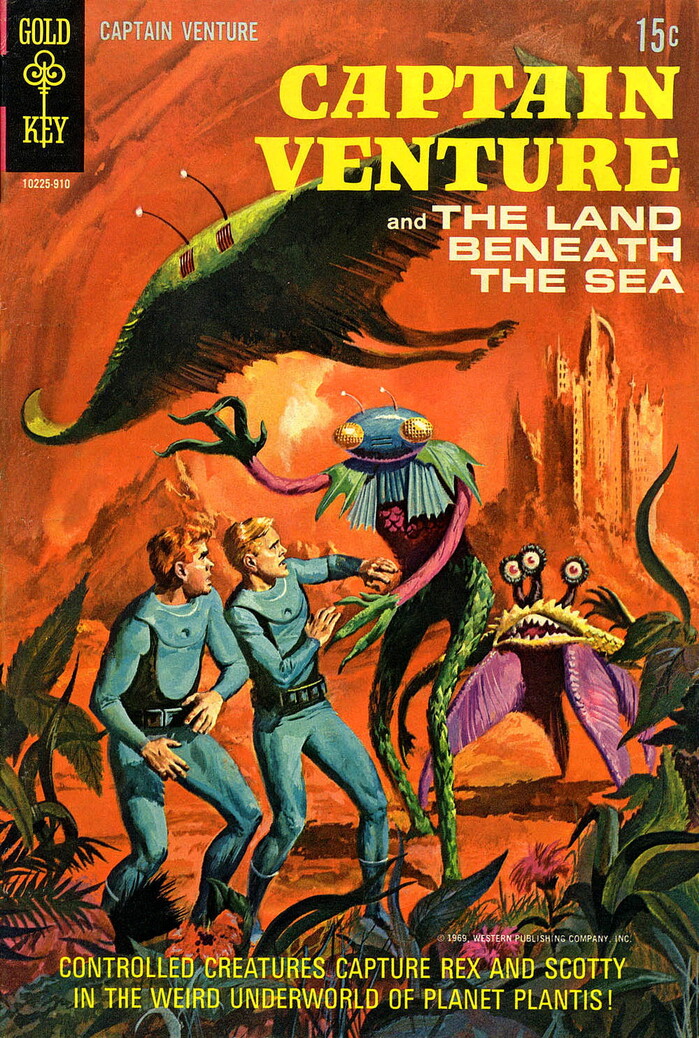 Captain Venture and the Land Beneath the Sea, #2, 1969. “Controlled Creatures Capture Rex and Scotty in the Weird Underworld of Planet Plantis!”. Cover art: George Wilson. [Grand Comics Database]