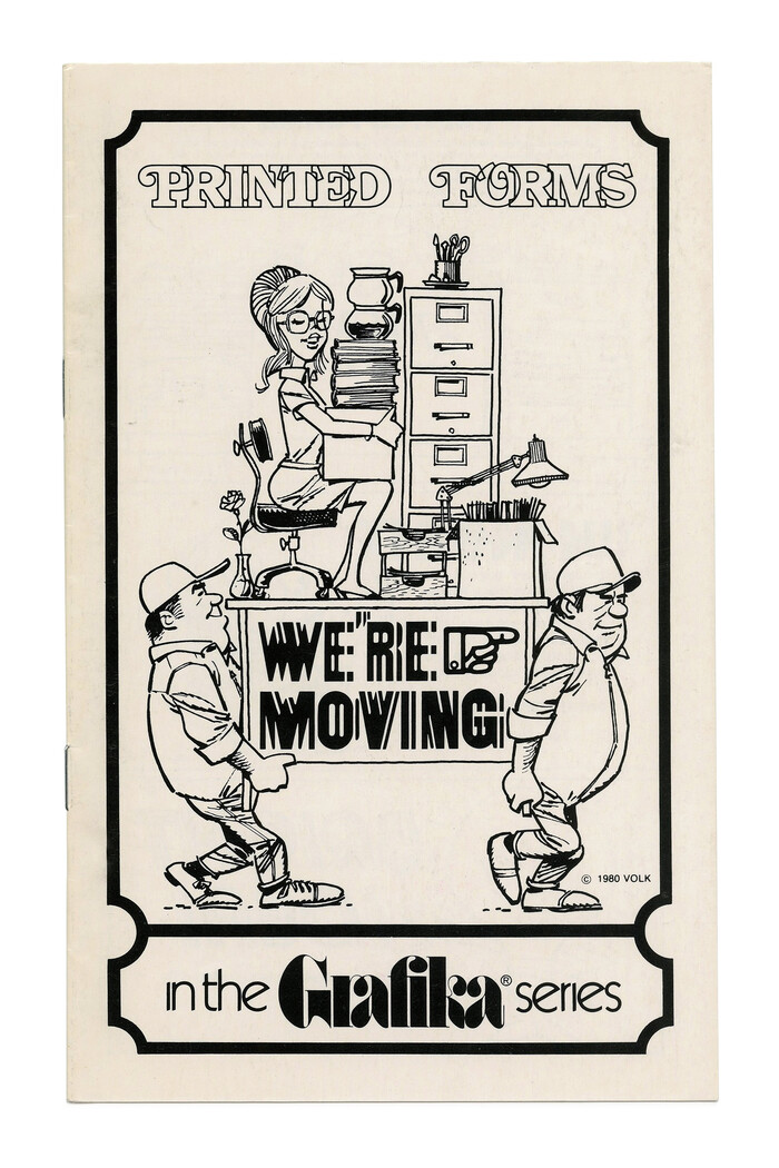 “Printed Forms” (No. G117) ft. overlapping caps with swash initials from  Outline. “We’re moving” is in an unidentified (homemade?) variation on the  theme, see also .