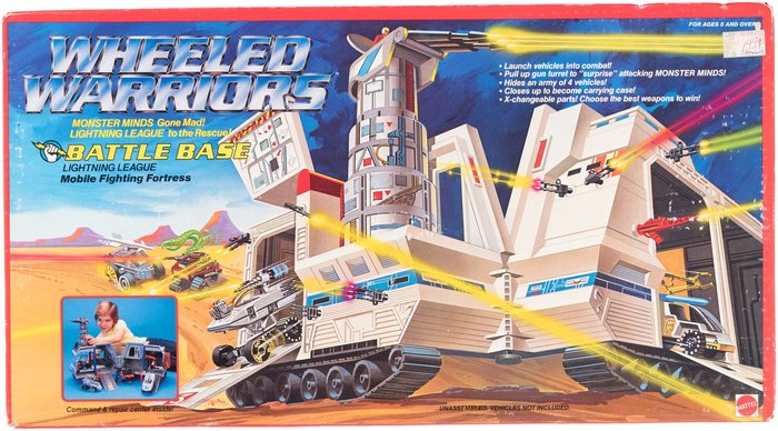Mattel’s Battle Base playset from the Wheeled Warriors toyline, 1985. The logo on this box makes direct use of Serpentine, see the A with arms of different weight.