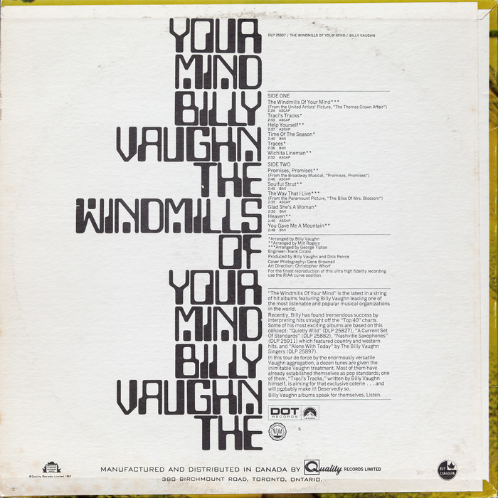 Back cover of Billy Vaughn’s 1969 album, The Windmills of Your Mind. The track listing and credits are set in Trade Gothic, while the manufacturing and distribution text is set in Bank Gothic.