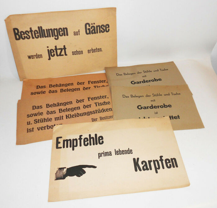 “Empfehle prima lebende Karpfen” and other paper signs for restaurants 1
