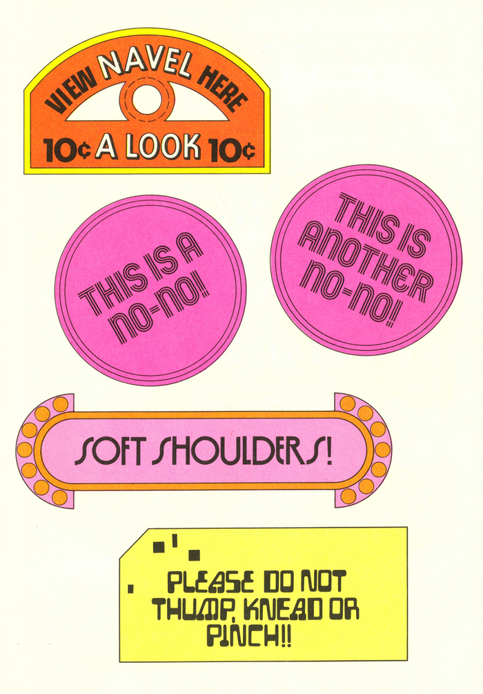“This is a no-no!” uses one of the copies of , probably Photo-Lettering’s Olympic or the Lettergraphics version known as Hotline.

The typeface used for “Soft shoulders!” is unidentified.  is similar.