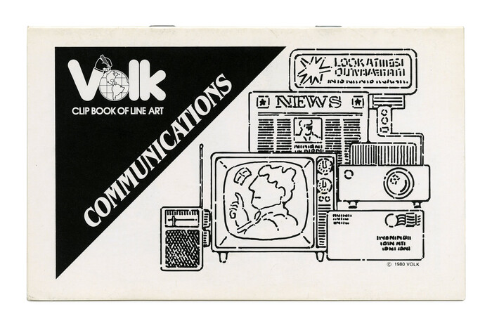 “Communications” (No. 340) ft.  Bold Condensed Italic (1979) and the comeback of the landscape format which would become the standard in subsequent years. The Volk logo is now shown in reverse on a black triangle. “Clip Book of Line Art” is set in .