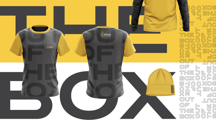 The new uniform designs for couriers were inspired by fashion trends rather than work clothes styles. They depict InPost’s slogan “Out of the box”, here in all-caps Dinamit.
