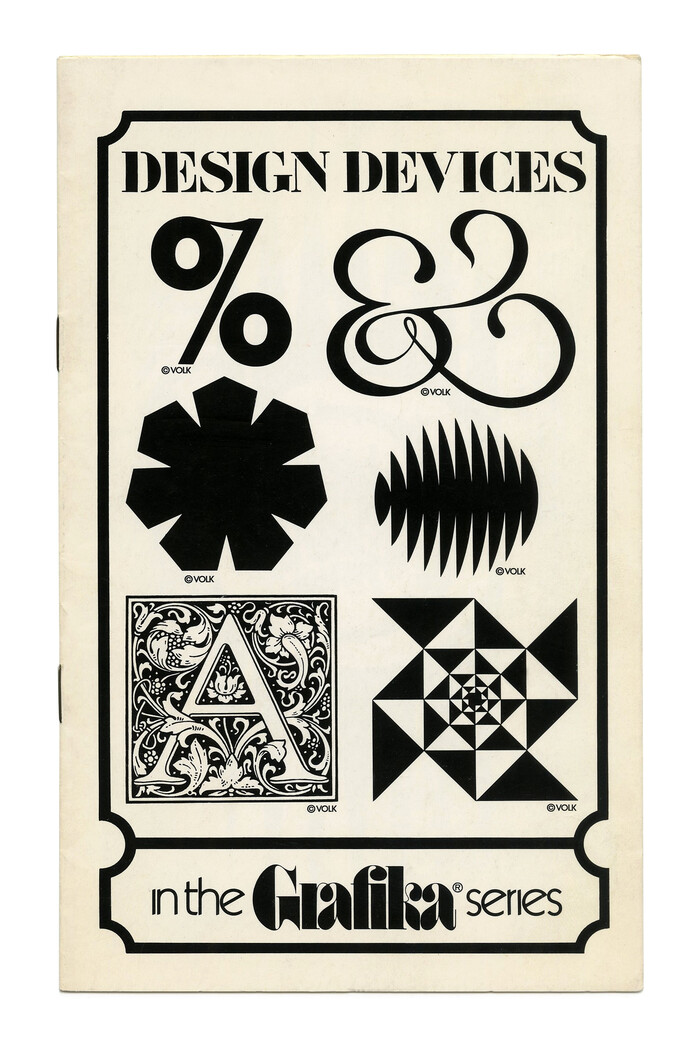 “Design Devices” (No. G75) ft. . The decorated A is taken from . The logo of the Grafika subseries is in  with ligatures for ra and fi, accompanied by  Light with omitted tittles.