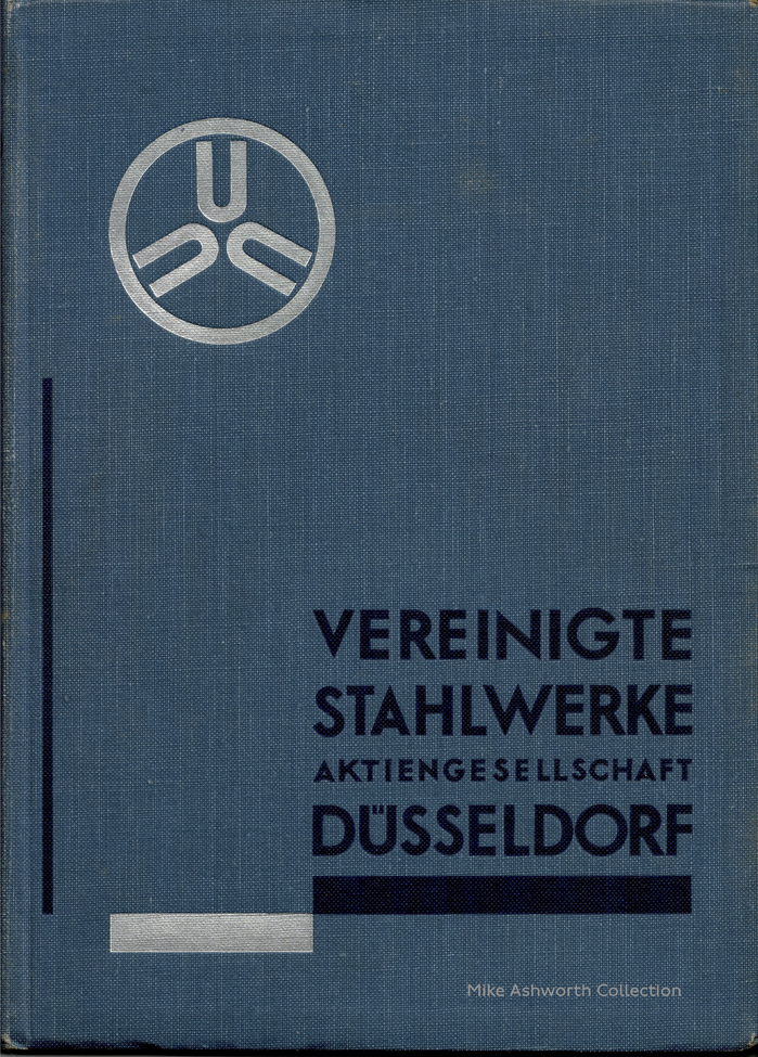 The cover doesn’t show any type. This is lettering, modeled after Futura. The weight is similar to the dreiviertelfett, but in that cut, Futura’s apexes aren’t pointed. Several glyphs – the narrow A in “Stahlwerke”, the oddly wide K in “Aktiengesellschaft” or the two S in the last line that are not quite identical – reveal that the letters were drawn by hand.
