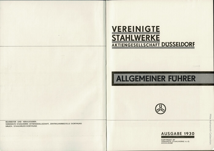 The title page is set entirely in caps from . The details where this typeface can easily be told from Futura include the M with a high center (there was an alternate with splayed legs, but still a high center), the G with a straight section at the bottom right, or the hook-shaped S.