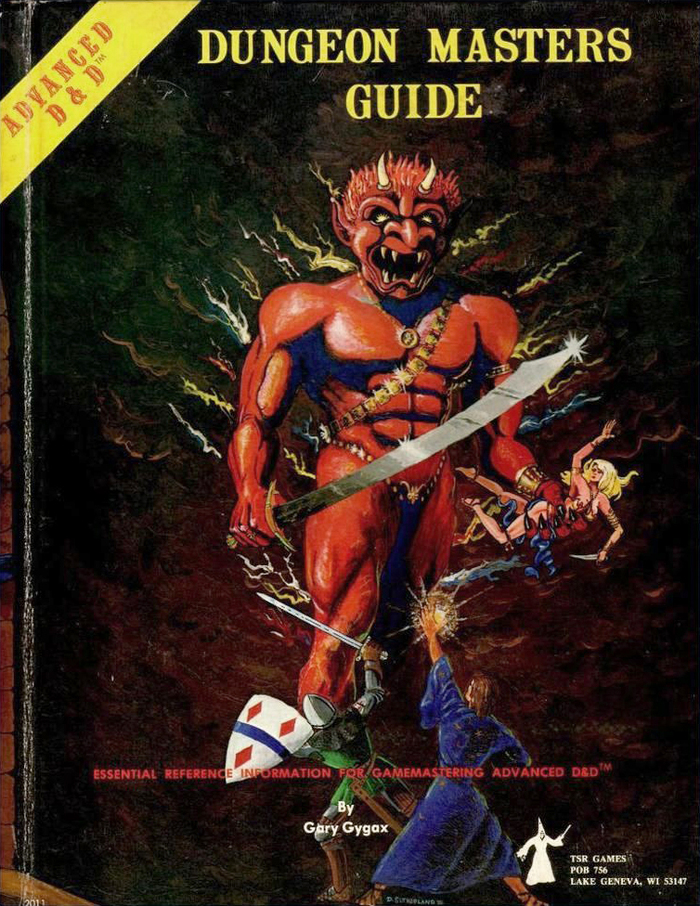 Cover for the first printing of the Dungeon Masters Guide [sic] for Advanced Dungeons and Dragons, 1st edition, published by TSR Games in 1979. Cover design by David C. Sutherland III.