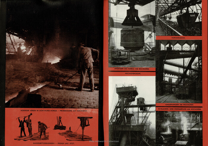 Set against a striking red background these images show scenes within the blast furnace areas of the works; Hoerder Verein in Dortmund–Hörde – “Probenahme am Hochofen” (Sampling at the blast furnace); “Masselbettzerkleinern – früher und jetzt” (Crushing ingot beds – then and now); “Ansetzen des Kübels am Hochofen” (Attaching the bucket to the blast furnace); “Koksseilbahn” (Coke cable car); “Hochofengicht” (Blast furnace gout); “Gasleitungen am Hochofen” (Gas pipes at the blast furnace); “Schlacken- und Eisenabfluss am Hochofen” (Slag and iron flow at the blast furnace).

&nbsp;

For some reason, one of the seven captions is set in Berthold-Grotesk, while the others show Futura. Can you spot the odd one out?