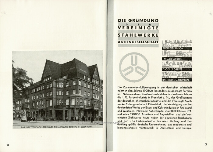 The first pages of the guide have an image of the “Das Hauptverwaltungsgebäude der Abteilung Bergbau in Essen” – main administration building of the mining department in Essen. The opposite page is well laid out with the company’s logo and vignettes for the four main groups; Rheinelbe-Union, Thyssen-Gruppe, Phoenix-Gruppe, and the Rheinische Stahlwerke, featuring sans-serif lettering. The text describes the setting up of the VS in 1925/6, an attempt to bring consolidation within the vertically structured industries at a time of considerable political and financial turmoil. It’s set in Berthold-Grotesk. Heading and caption show two weights of Futura.