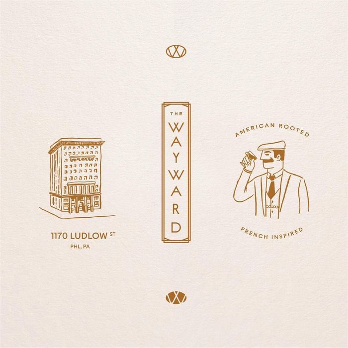 Brand elements featuring an illustration of the building, the sign with the vertical logo variant, and the brand character named Mr. Wayward, “a dapper man with a penchant for hard work and craftsmanship”. It was drawn by illustrator Kelly Gillin-Schwartz.