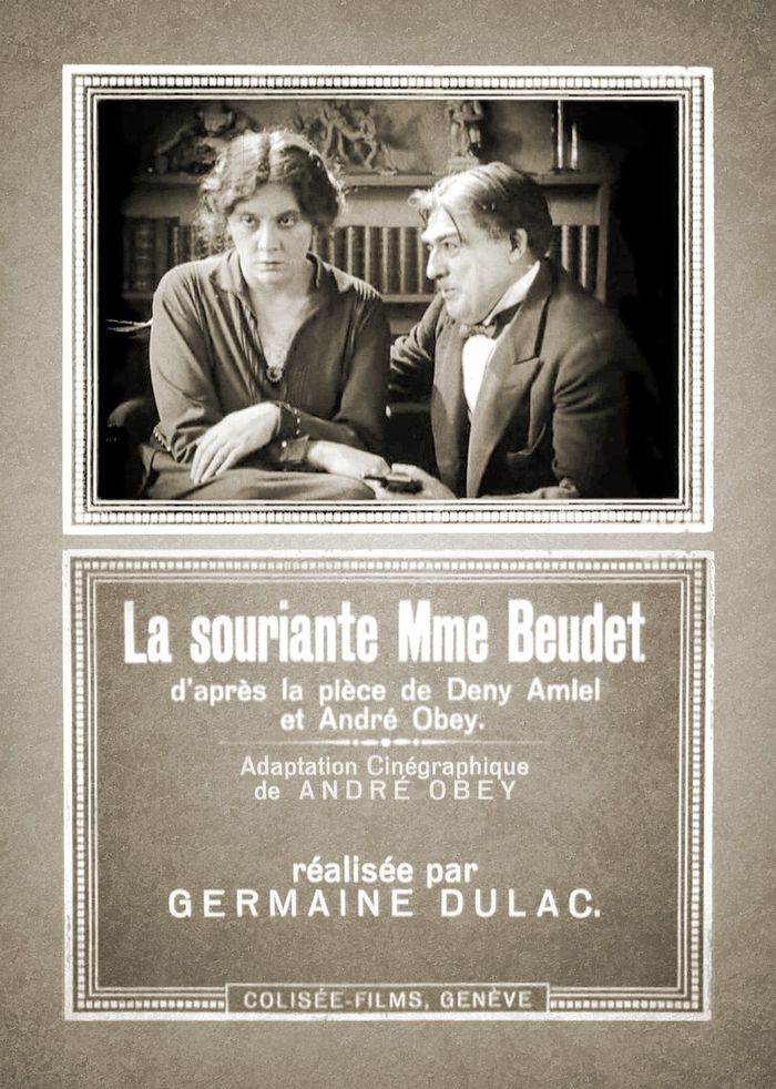 The film poster combines a still image featuring the two main actors,  Germaine Dermoz as Madame Beudet and Alexandre Arquillière as Monsieur Beudet, and a text card in the same typography as the titles.