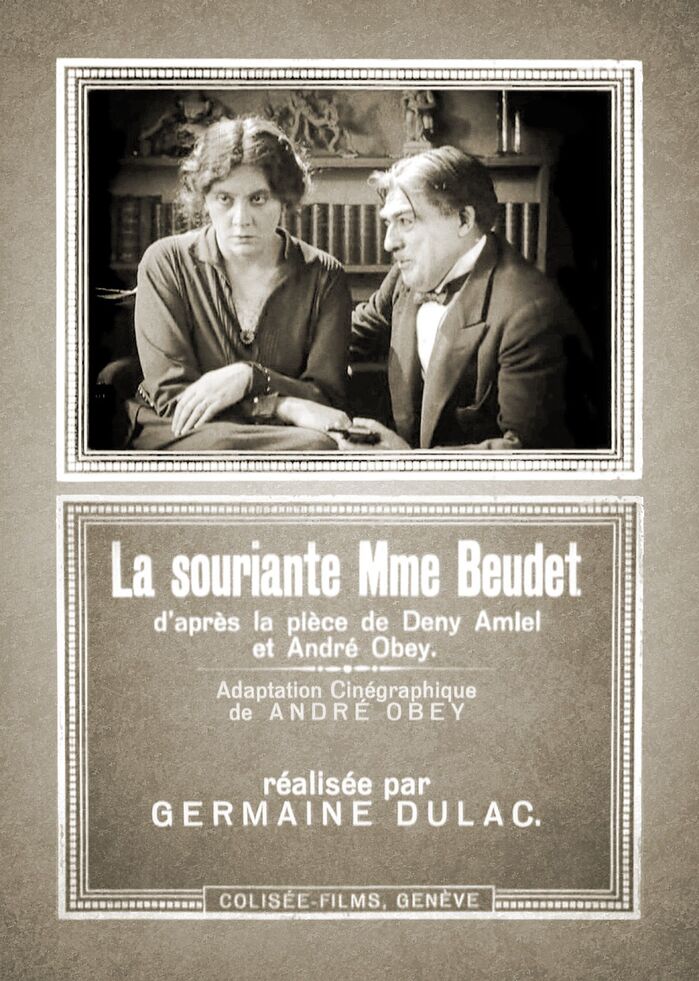 The film poster combines a still image featuring the two main actors,  Germaine Dermoz as Madame Beudet and Alexandre Arquilli&egrave;re as Monsieur Beudet, and a text card in the same typography as the titles.