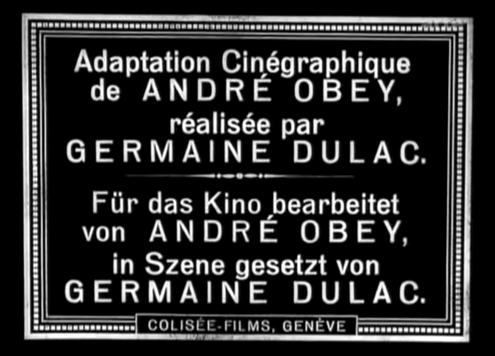 The names of Germaine Dulac and André Obey are emphasized by the use of letterspaced uppercase letters.