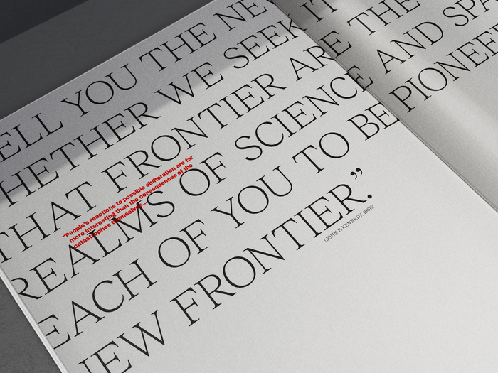 Reckless Neue is a contemporary display serif with Renaissance influences. The letters were inspired by Plantin, Times New Roman and Caslon, with a humanist axis, open counters and an elevated x-height. This results in a legible typeface that can be adapted to a variety of scales. The abrupt, unserifed terminals and contrasting stroke widths add personality and a contemporary appearance, despite the old-style influences. The type family assimilates well with Minion while providing a contemporary aesthetic.
