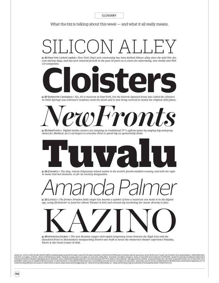 Glossary (Back Page), set in the style of a type specimen. 