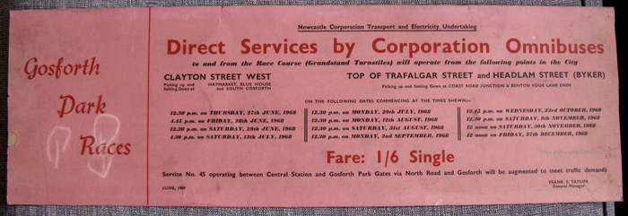 Gosforth Park Races bus panel advert by the Newcastle Corporation Transport &amp; Electricity Undertaking 1