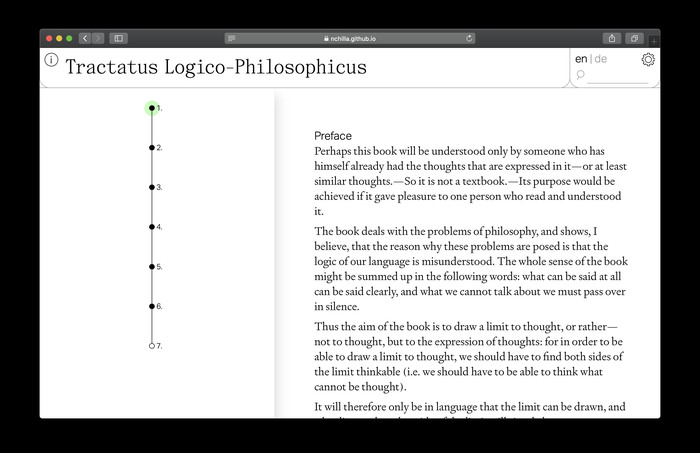 Different pages present the same text in different ways. This one is a dendrogram that tracks and maps your place in the text as you read.