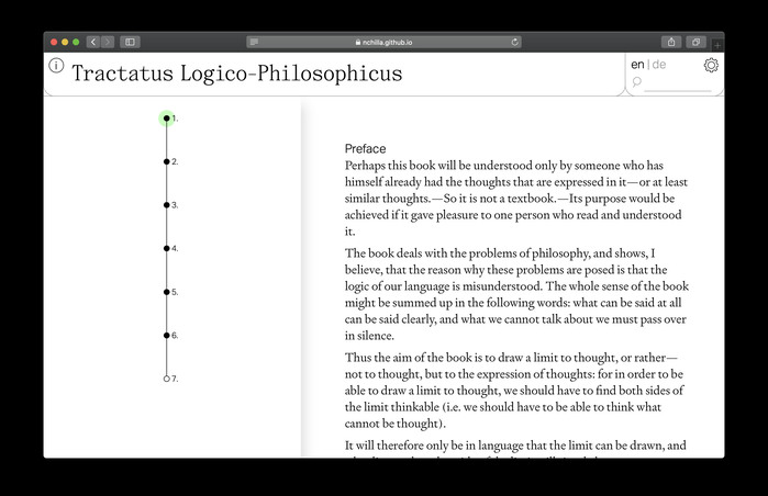 Different pages present the same text in different ways. This one is a dendrogram that tracks and maps your place in the text as you read.