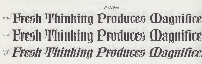Halifax as shown in Photo-Lettering’s Alphabet Thesaurus Vol.&nbsp;2 (1965); with normal (n), mechanically condensed (c), and slanted letterforms.