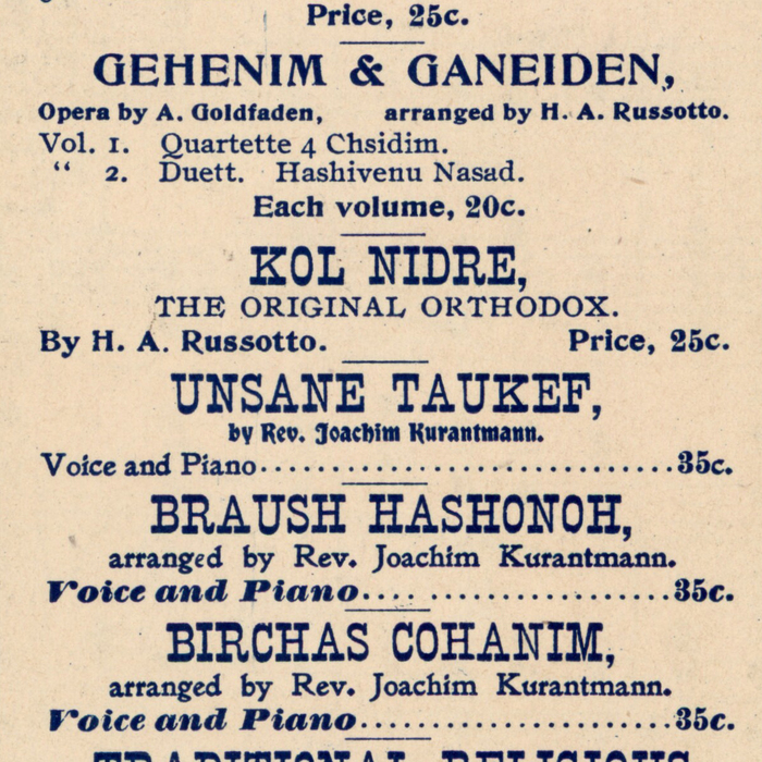 Detail ft.  (“Kol Nidre”),  (“arranged by”), and  (“Voice and Piano”).