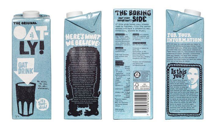 Oatly UK packaging in 2016, shortly after the company updated its identity.