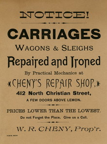 “Carriages, Wagons &amp; Sleighs Repaired and Ironed” handbill by Cheny’s Repair Shop