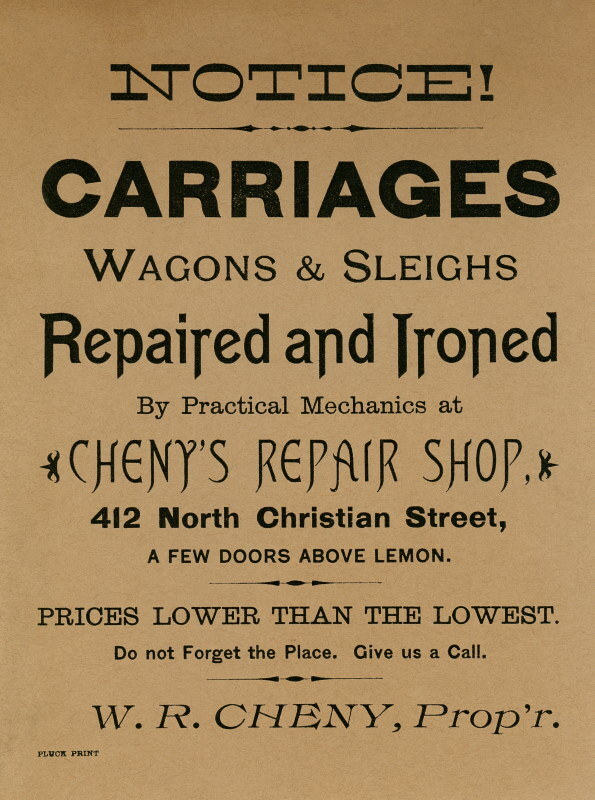 “Carriages, Wagons &amp; Sleighs Repaired and Ironed” handbill by Cheny’s Repair Shop