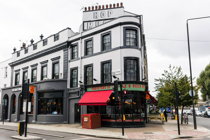 Draft House Camden, the lettering at the top of the building says HOP MUSIC