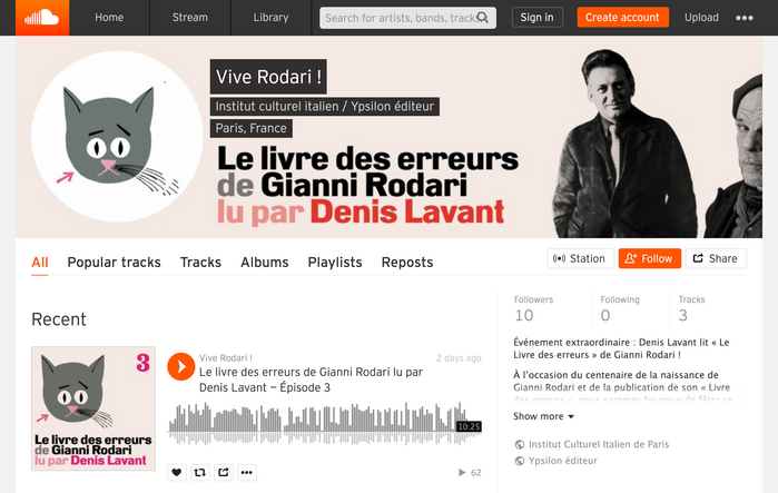 The audio book read by Denis Lavant, as presented on SoundCloud.