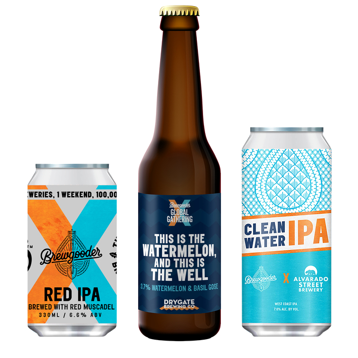 Examples of beers produced for the Brewgooder Global Gathering, using Elephant for headline type