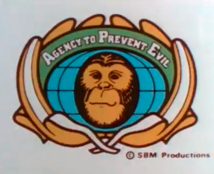 The Agency to Prevent Evil (A.P.E.) wordmark uses  Bold with faux small caps, set on a curve and framed by bananas.