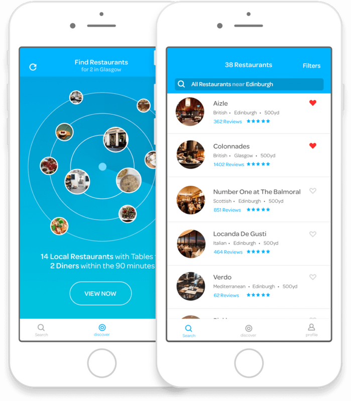 The mobile app helps users to find local restaurants and book a table.