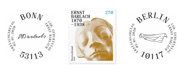 First Day of Issue postmarks for Bonn (with Barlach’s signature) and Berlin (with a lateral view of the floating angel), ft. all-caps Archive Mono set on a circle.