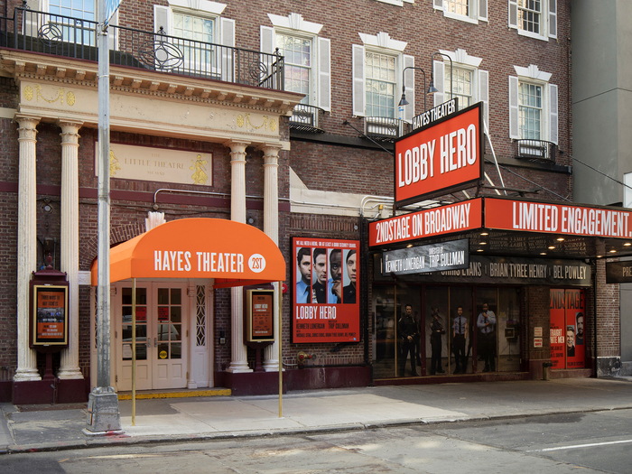 Helen Hayes Theater — exterior graphics in red colourway for Lobby Hero