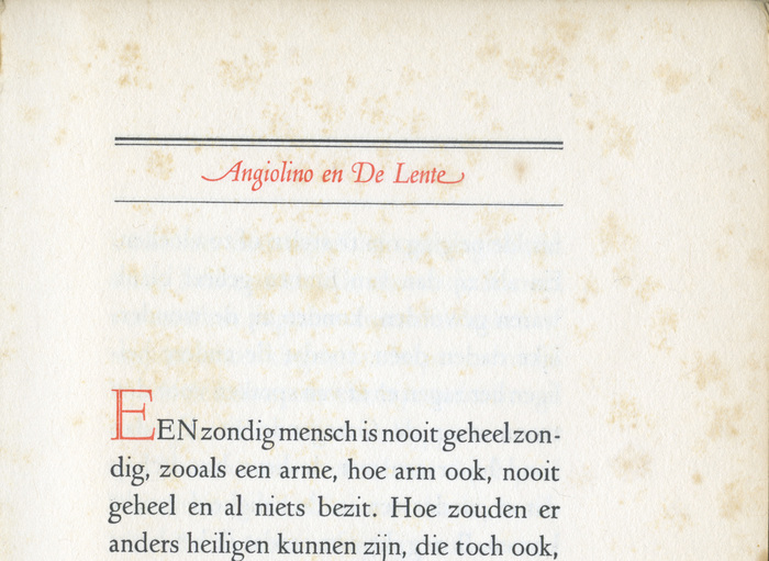 First page of the story, detail. The title of the story is set in red italics between thick-thin rules, using swash caps and a swash terminal.