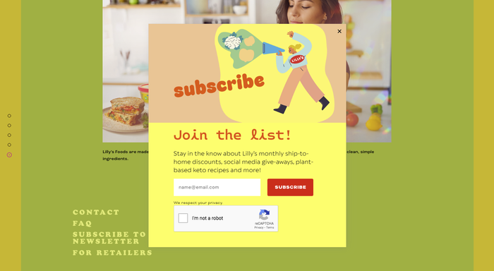 The newsletter overlay combines “subscribe” in Sausage with a second call to action in . The text here is rendered in , with UI elements labeled in . In the background, all-caps Cooper Black for the footer menu.