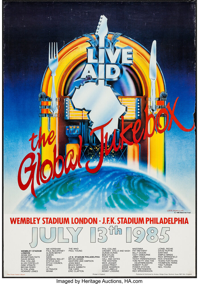 &ldquo;Live Aid: The Global Jukebox&rdquo; poster, 1985. Design by Steve Maher.