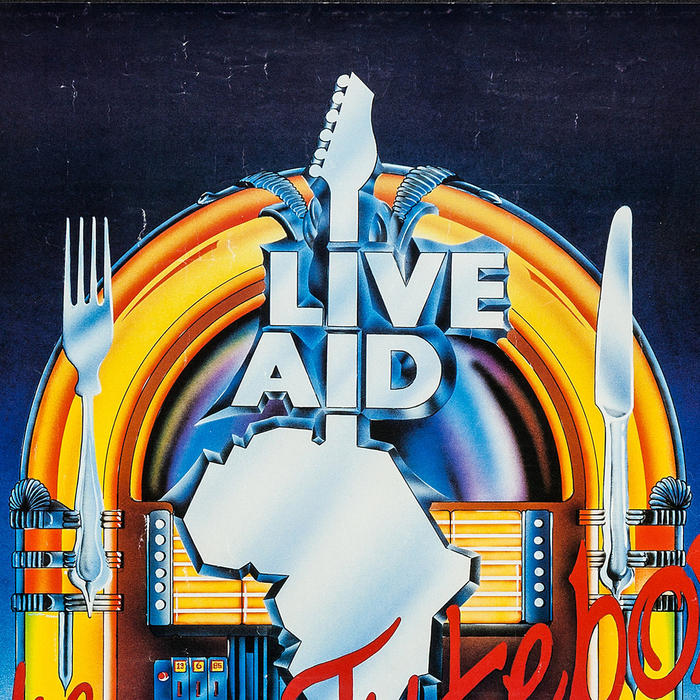 Detail of the &ldquo;Live Aid: The Global Jukebox&rdquo; poster designed by Steve Maher, with the wordmark based on Gill Extra Bold.