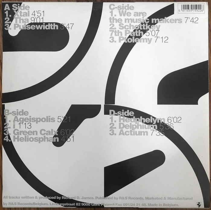 Double LP back cover (R&S Records). Headings for sides B to D are hyphenated. The prime in the duration is straight.