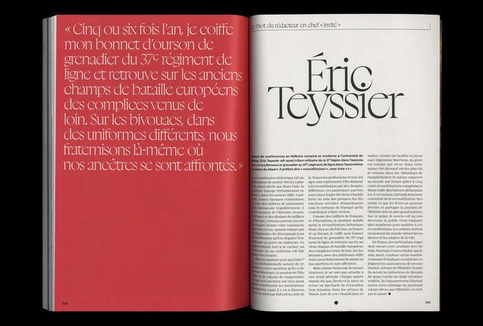 From Sphères no. 4, January 2021. Headline and quotation in Boogy Brut Poster.

—

Different typefaces has been used in the three first issues, for headlines and drop caps, before a slight redesign for the fourth one: such as Charon (Matthieu Visentin, ECAL Typefaces) and Radiator (Ellmer Stefan, The Pyte Foundry) in Sphères no. 1, or SangBleu OG Serif both in Sphères no. 2 and 3.