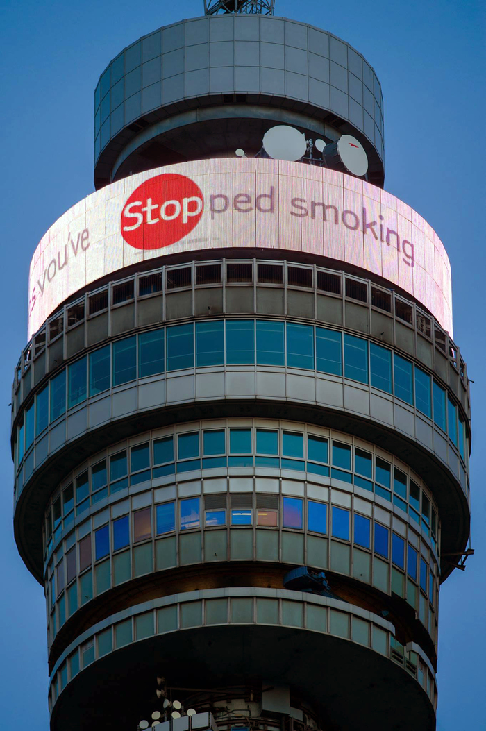 Digital display on the BT tower in London’s Fitzrovia