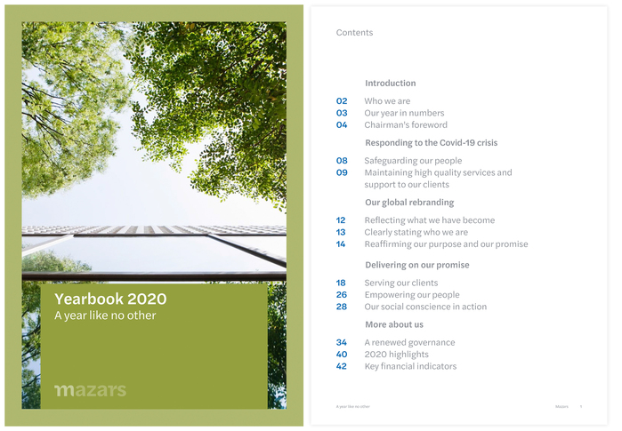 Yearbook 2020 cover and table of contents.