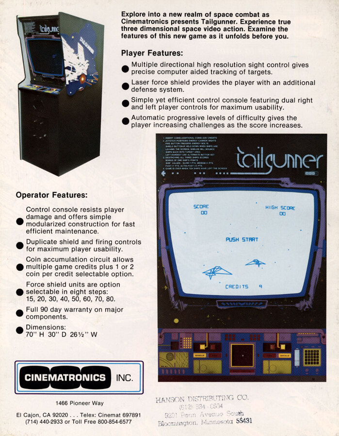 The back of the flyer lists the player and operator features and depicts the cabinet with the logo in Vincent.
