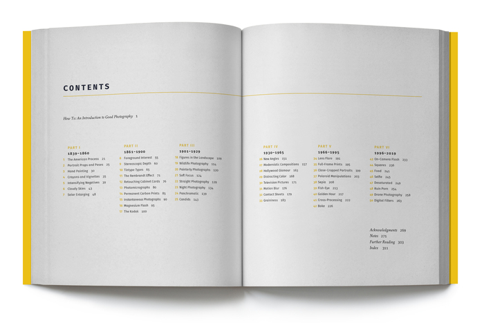 Table of contents design for Good Pictures: A History of Popular Photography, by Kim Beil (Stanford, 2019), designed by Kevin Barrett Kane.