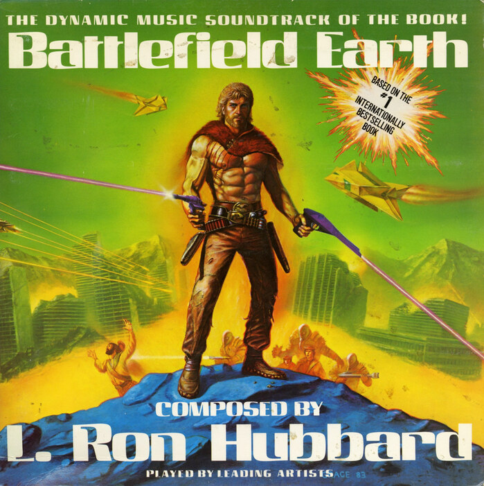 In 1984, the album was re-issued as Battlefield Earth, now directly referencing the book’s title. Cover art by Gerry Grace.