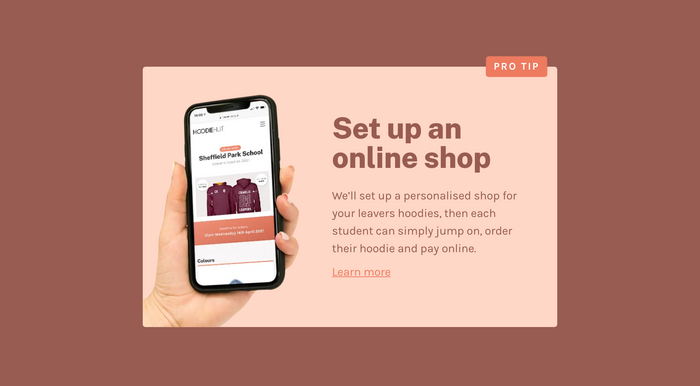 Online shop ad on leavers hoodies page