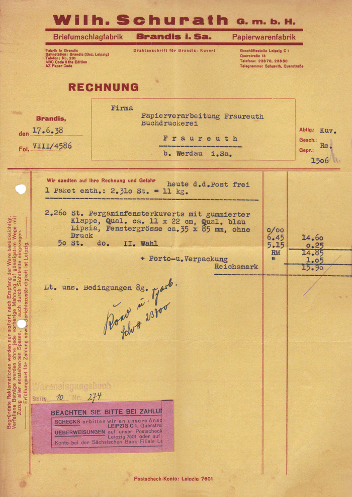 Wilh. Schurath invoice, 1938