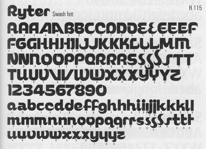 Glyph set of Ryter Bold with alternates, as shown in a German phototype catalog from 1990.