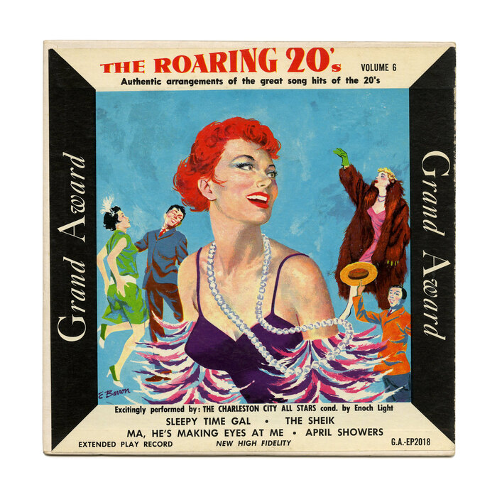 The Roaring 20’s Volume 6, G.A. EP2018, 1955(?). While the subtitle is set in  Extra Bold, most other small text uses /. Illustration by Emerson Barron.